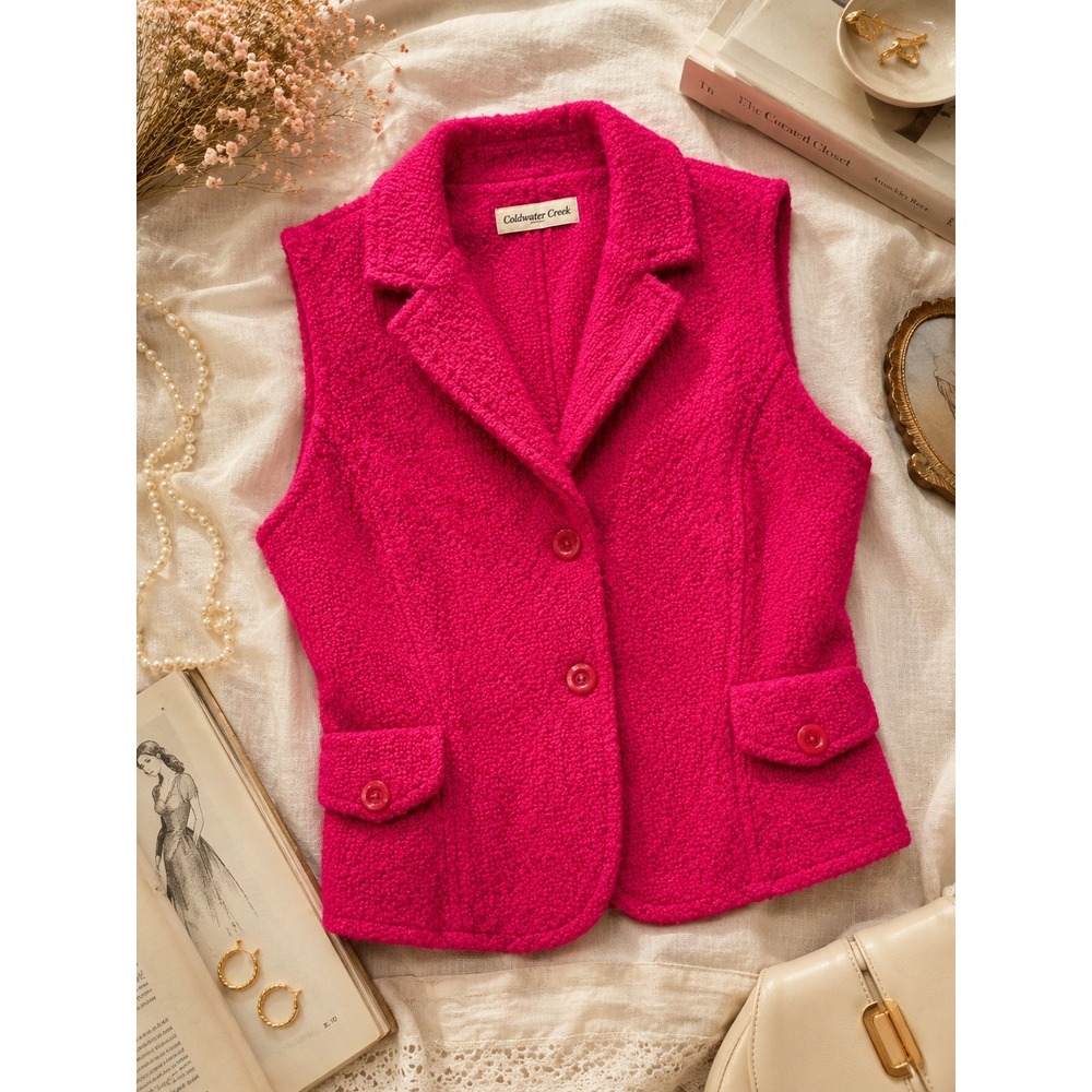 Coldwater Creek Hot Pink Bouclé Wool Blend Vest Barbiecore Preppy Coquette Large